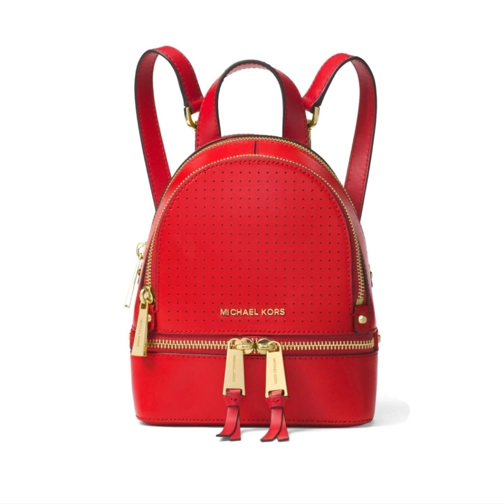 New Michael Kors Rhea Zip Mini Perforated Leather Backpack in Bright Red. 